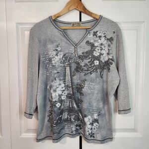 Blue Canyon Woman Gray Paris Eiffel Tower Rhinestone Floral 3/4 Sleeve Top 1X